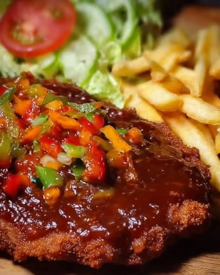 Paprika/Zigeunerschnitzel mit Salat und Pommes