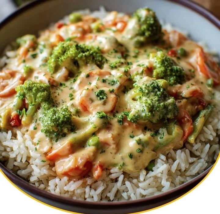 Reis serviert mit frischer Gemüse-Frischkäse-Sauce auf einem Teller.