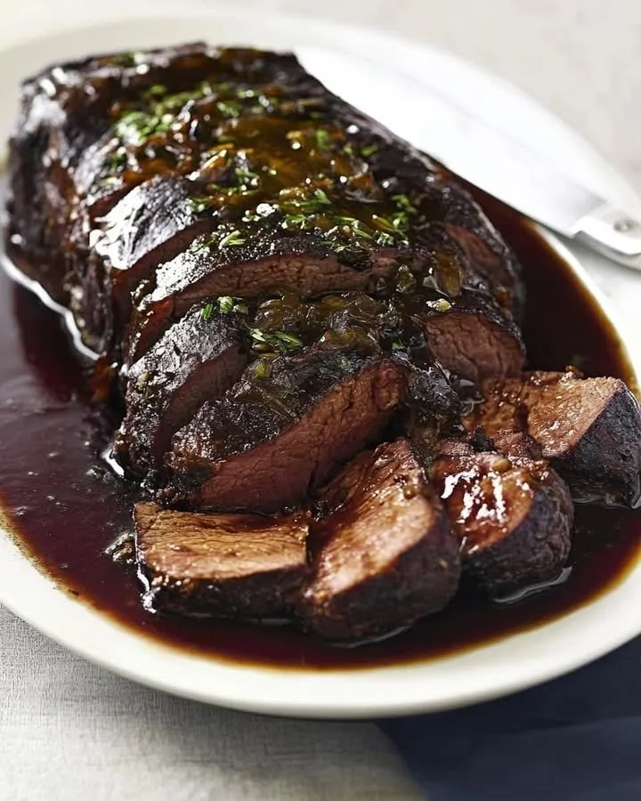 Rheinischer Sauerbraten mit Beilagen auf einem Teller serviert