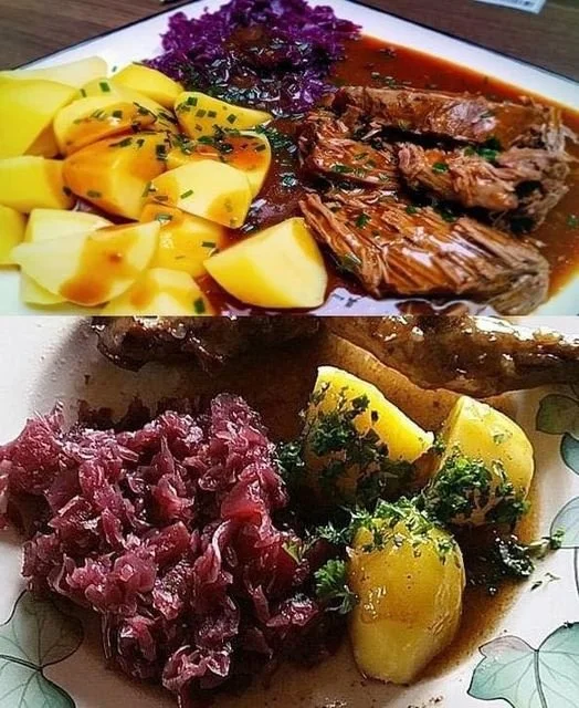 Rinderburgunderbraten mit Kartoffeln und Rotkohl
