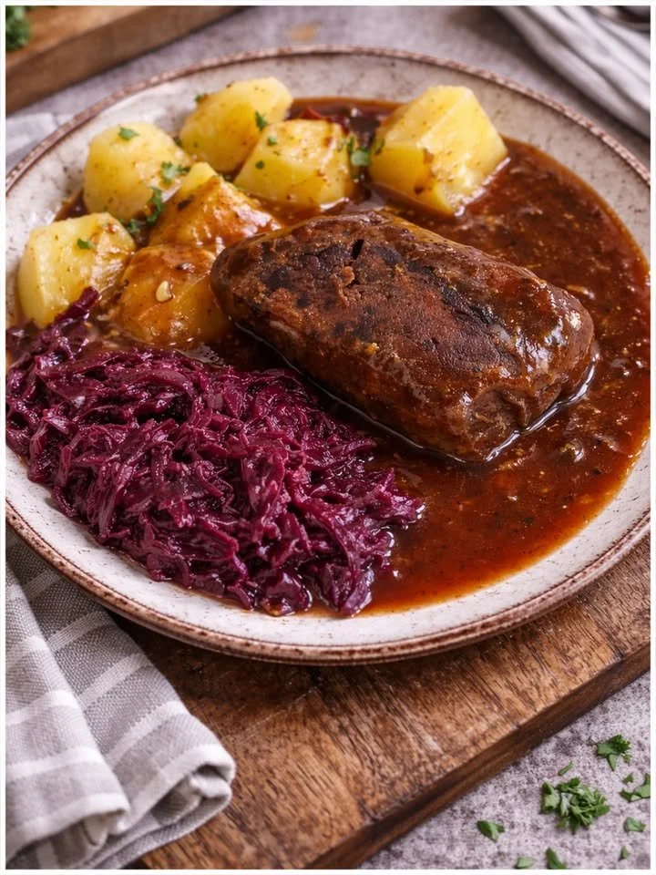 Rinderrouladen mit Rotkohl und Kartoffeln auf einem Teller serviert.