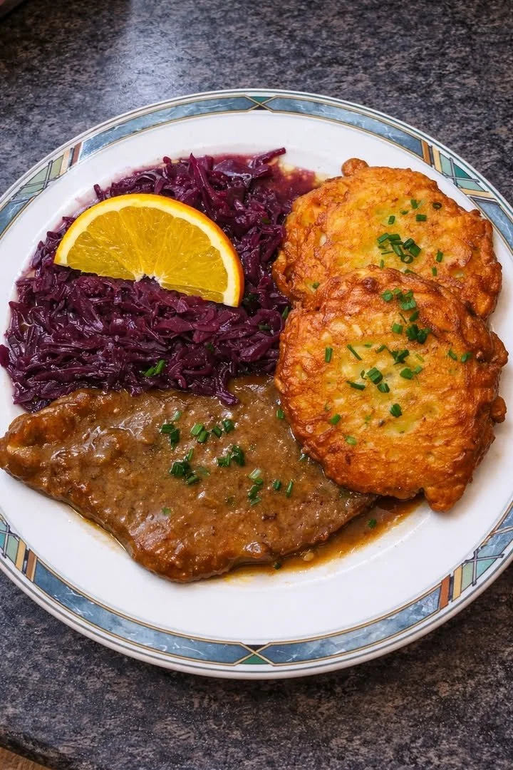 Rindsschnitzel serviert mit Rotkraut und Kartoffelpuffern auf einem Teller.
