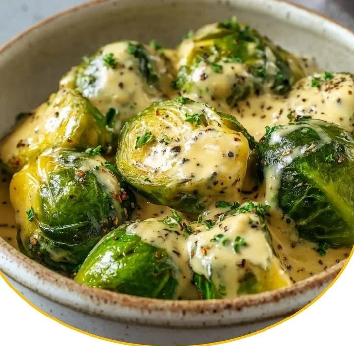 Rosenkohl in cremiger Frischkäse-Senfsauce auf einem Teller angerichtet.