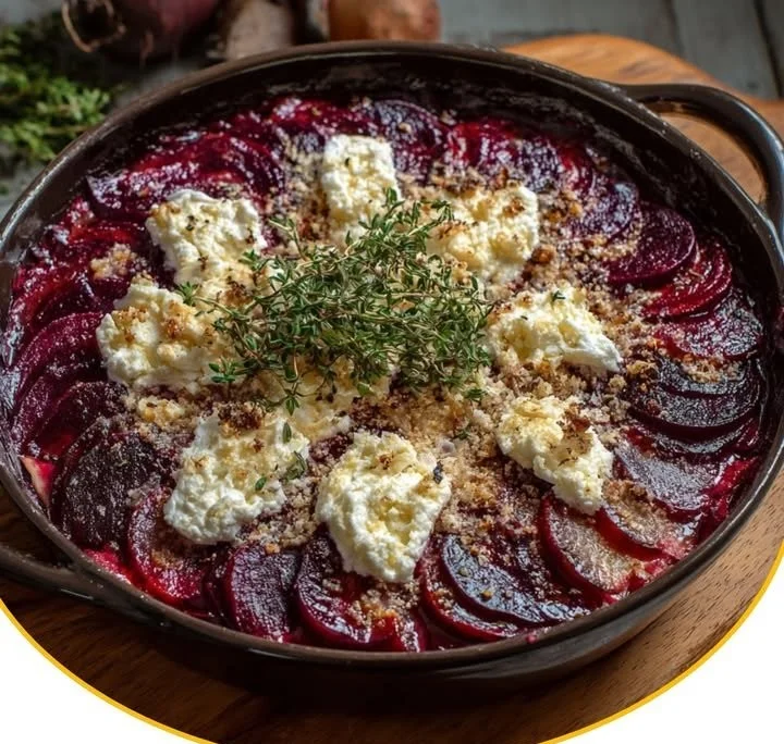Leckeres Rote-Bete-Gratin mit Ziegenkäse auf einem Teller serviert