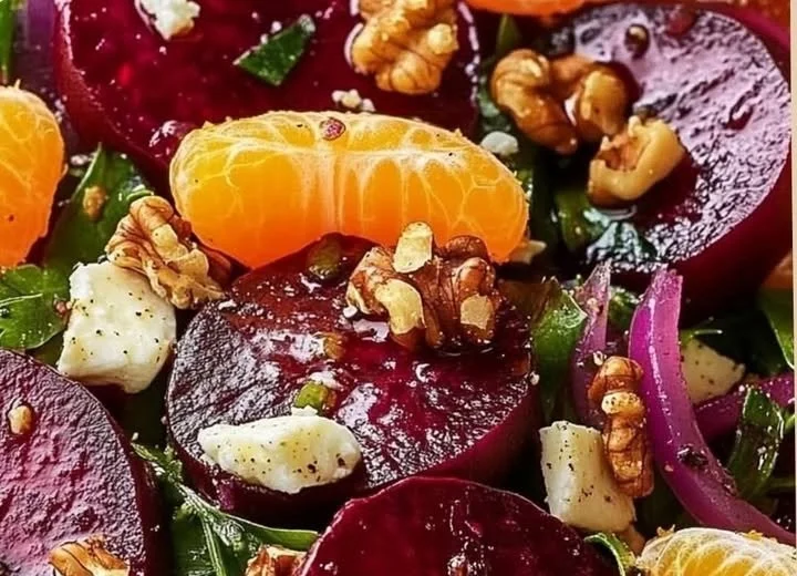 Rote-Bete-Orangen-Salat mit frischen Zutaten auf einem Teller