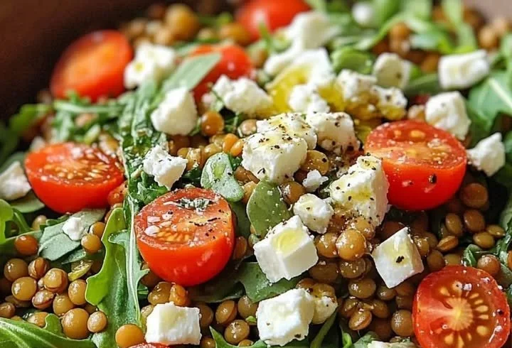 Ein köstlicher Rote-Linsen-Salat mit Schafkäse und frischem Gemüse.