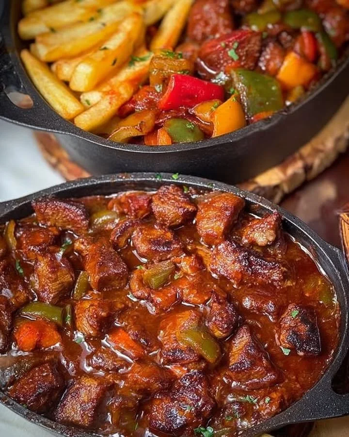 Schaschliktopf aus dem Backofen mit köstlicher Soße serviert