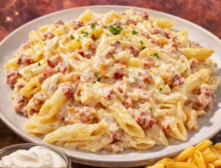 Schinken Nudeln mit cremigem Schmand in einer Pfanne angerichtet