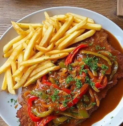 Schnitzel mit Paprikasauce und Pommes auf einem Teller angerichtet
