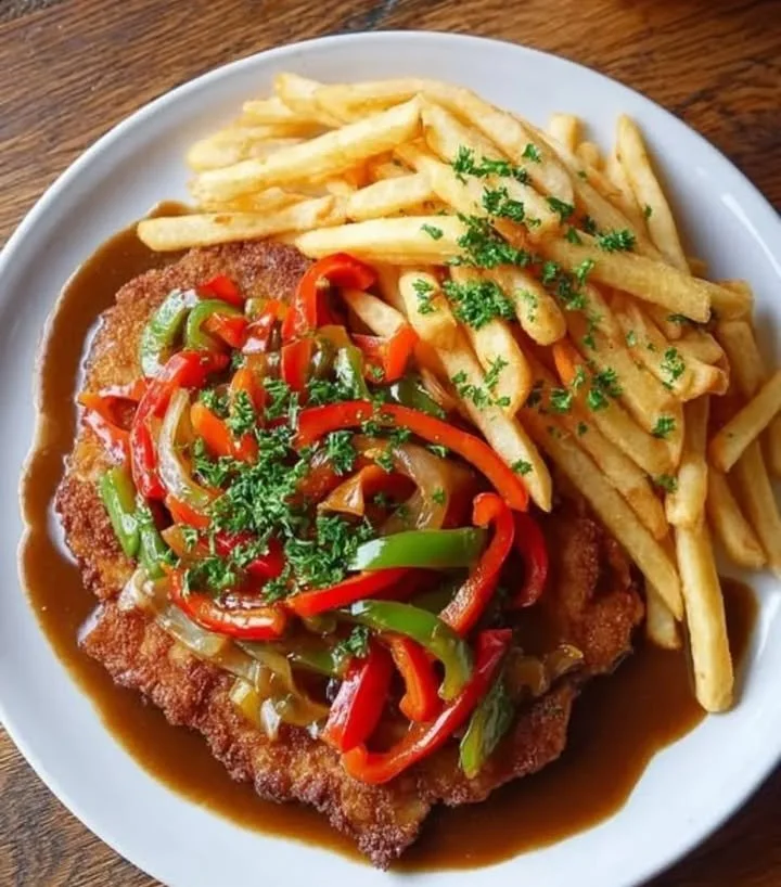 Schnitzel mit Paprikasoße und Pommes auf einem Teller serviert.