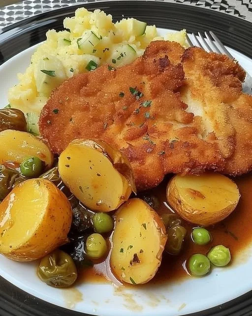 Köstliches Schnitzel mit Rosenkohl auf einem Teller serviert.
