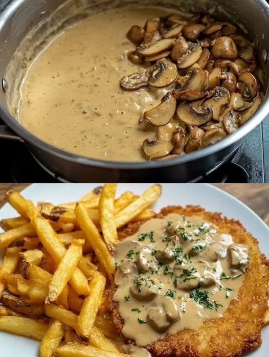 Schwarzwälder Jägersauce in einer Schüssel, serviert mit Fleisch und Beilagen.