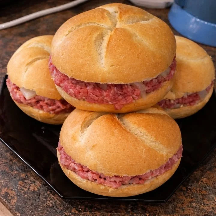 Selbstgemachte Mettbrötchen auf einem Holzbrett serviert