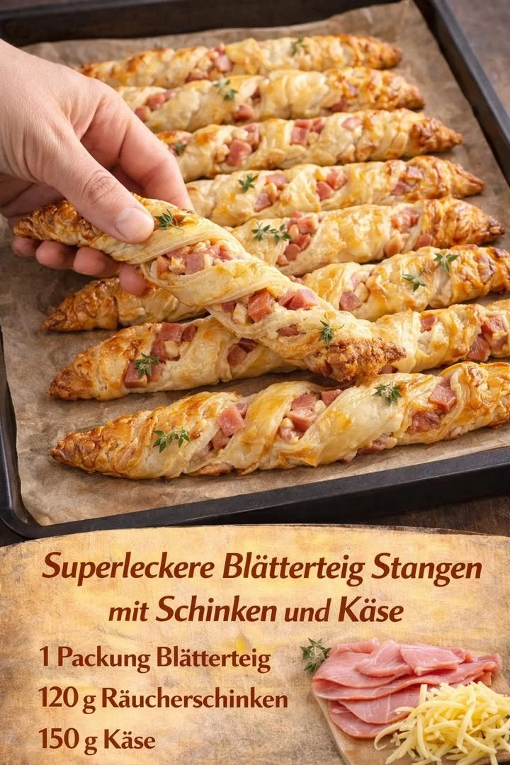 Superleckere Blätterteig Stangen mit Schinken und Käse