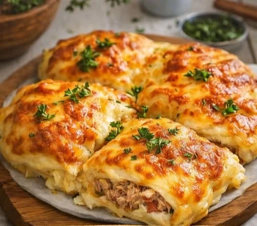 Thunfisch Blätterteig mit Käse auf einem Teller