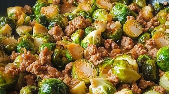 Würzige Rosenkohl-Hackfleisch-Pfanne mit frischen Zutaten und Gewürzen